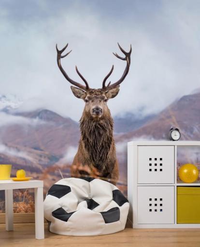 stag in misty landscape wallpaper