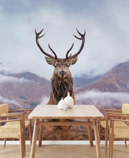 stag in misty landscape wallpaper