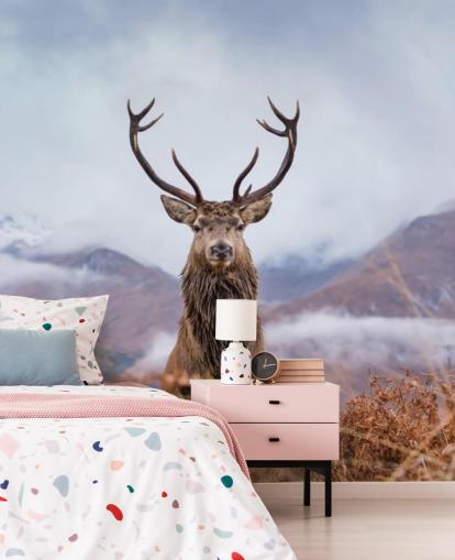 stag in misty landscape wallpaper