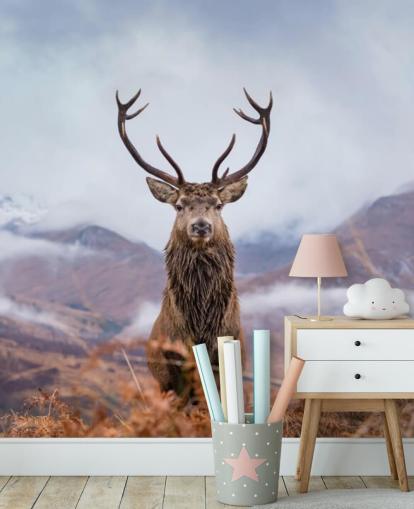 stag in misty landscape wallpaper