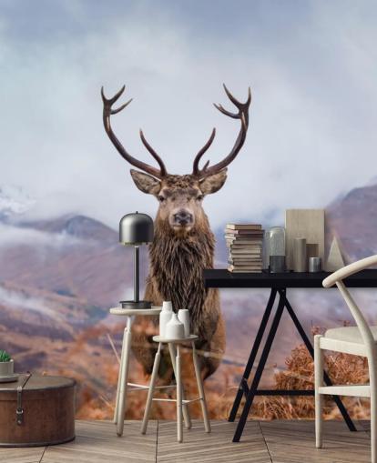 stag in misty landscape wallpaper