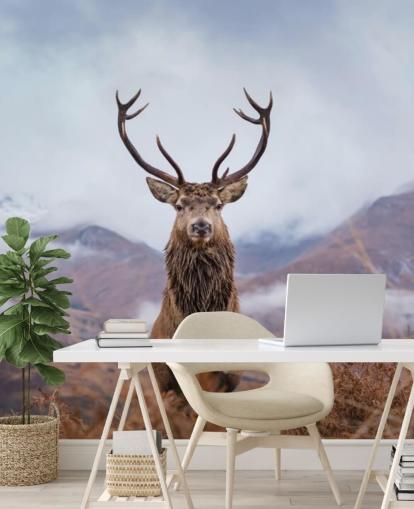 stag in misty landscape wallpaper