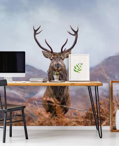 stag in misty landscape wallpaper