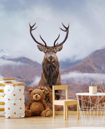 stag in misty landscape wallpaper