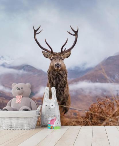 stag in misty landscape wallpaper