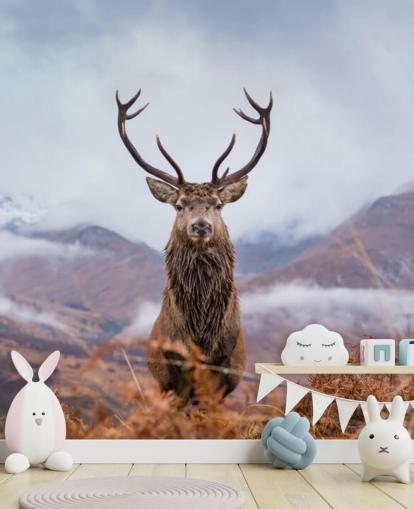 stag in misty landscape wallpaper