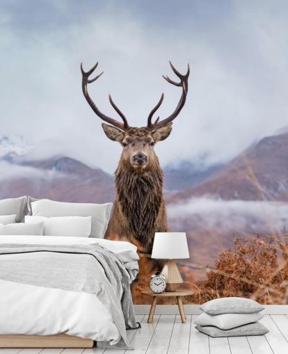 stag in misty landscape wallpaper