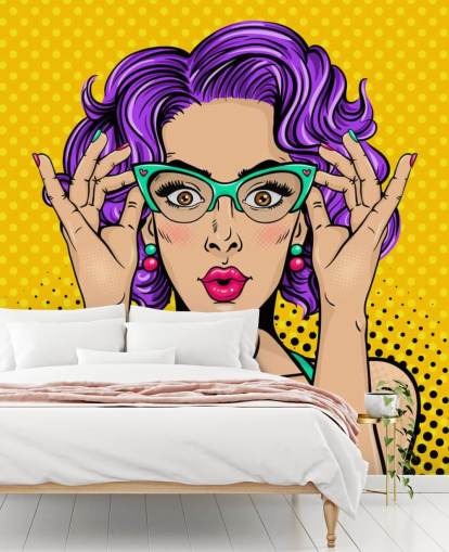papel pintado retro de mujer con pelo permanente morado con gafas de los años 50