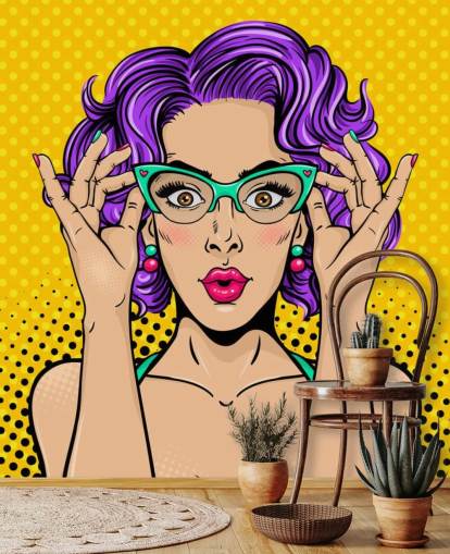 papel pintado retro de mujer con pelo permanente morado con gafas de los años 50