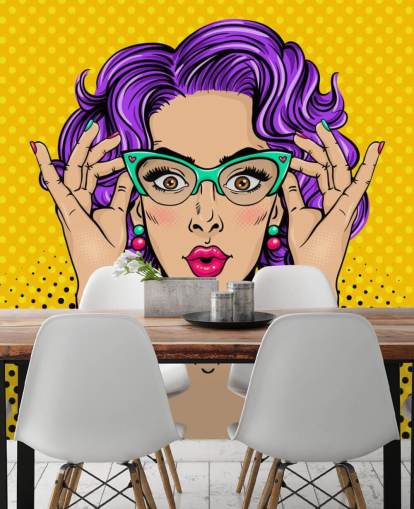 papel pintado retro de mujer con pelo permanente morado con gafas de los años 50