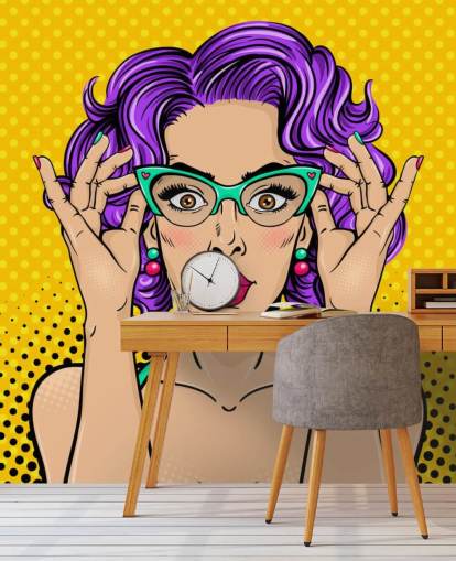 papier peint rétro pour femme aux cheveux permanents violets avec lunettes des années 1950