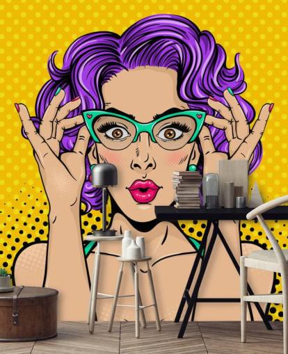 Retro-Tapete mit violetten Dauerwellenhaaren und Brille aus den 1950er Jahren