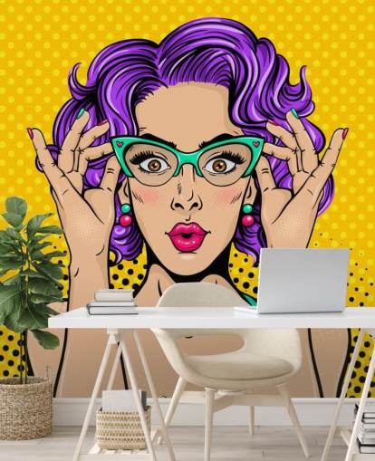 papel pintado retro de mujer con pelo permanente morado con gafas de los años 50
