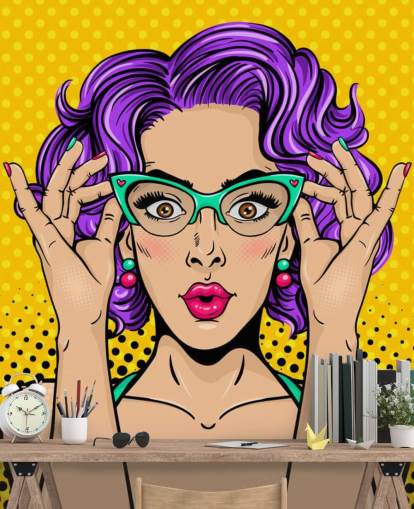 papel pintado retro de mujer con pelo permanente morado con gafas de los años 50