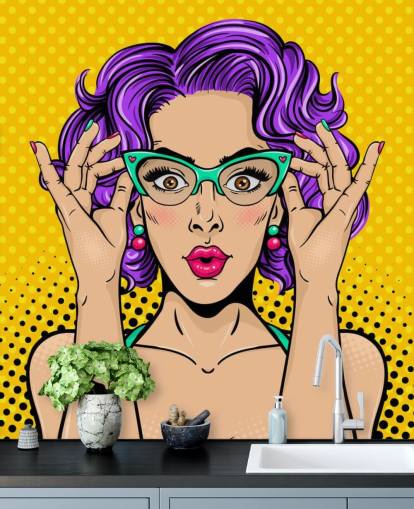 papel pintado retro de mujer con pelo permanente morado con gafas de los años 50 papel pintado retro de mujer con pelo permanente morado con gafas de los años 50