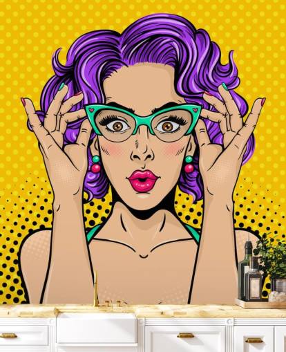 papel pintado retro de mujer con pelo permanente morado con gafas de los años 50
