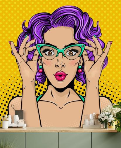 papel pintado retro de mujer con pelo permanente morado con gafas de los años 50