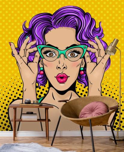 papel pintado retro de mujer con pelo permanente morado con gafas de los años 50