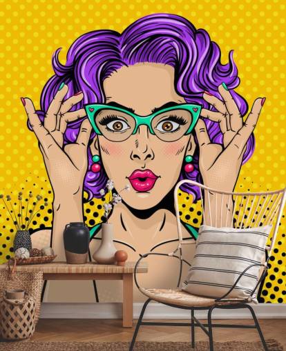 papel pintado retro de mujer con pelo permanente morado con gafas de los años 50