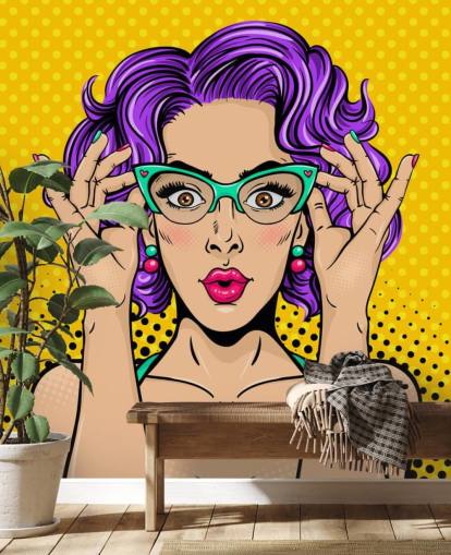 papel pintado retro de mujer con pelo permanente morado con gafas de los años 50