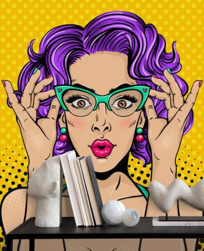 retro purple permed haired lady with 1950s glasses wallpaper