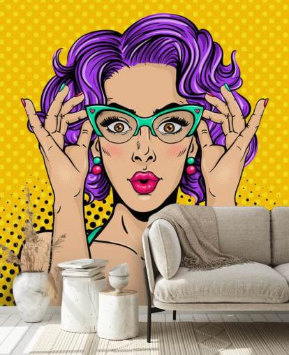 papel pintado retro de mujer con pelo permanente morado con gafas de los años 50 papel pintado retro de mujer con pelo permanente morado con gafas de los años 50