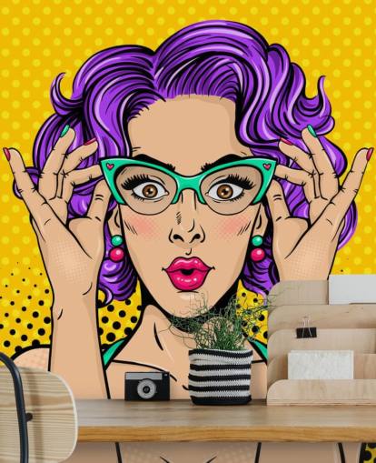 retro purple permed haired lady with 1950s glasses wallpaper