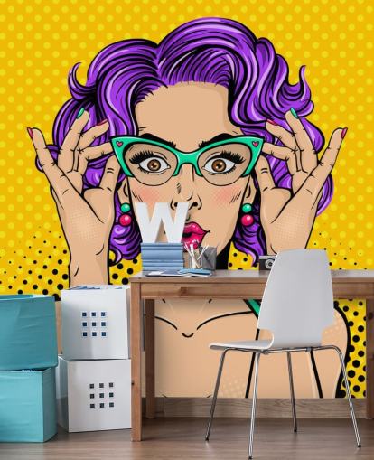 papier peint rétro pour femme aux cheveux permanents violets avec lunettes des années 1950