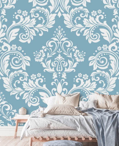 sininen kuvioinen taustakuvamaalaus nimeltä Vaaleansininen Damask makuuhuoneisiin, olohuoneisiin ja kylpyhuoneisiin sininen kuvioinen taustakuvamaalaus nimeltä Vaaleansininen Damask makuuhuoneisiin, olohuoneisiin ja kylpyhuoneisiin