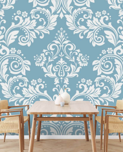 muurschildering met blauw patroon genaamd Light Blue Damask voor slaapkamers, woonkamers en badkamers