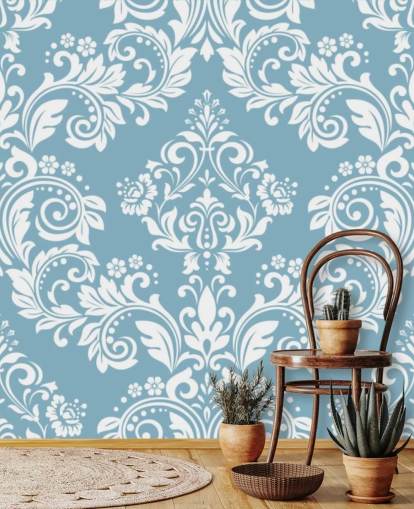 blue pattern wallpaper mural called Light Blue Damask for bedrooms, living rooms and bathrooms