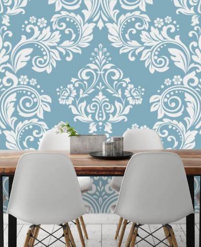 blått mönster tapet väggmålning kallad Light Blue Damask för sovrum, vardagsrum och badrum