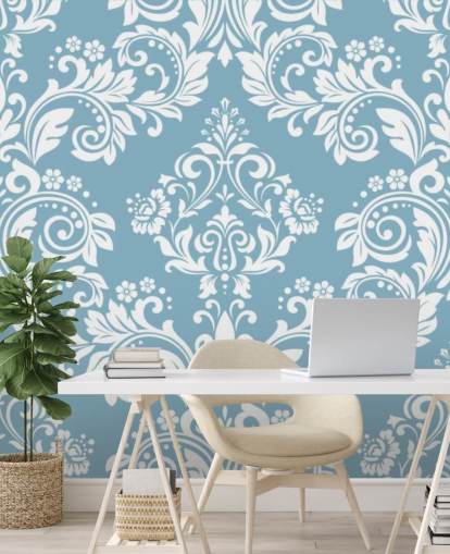 mural de papel pintado con estampado azul claro llamado Light Blue Damask para dormitorios, salas de estar y baños