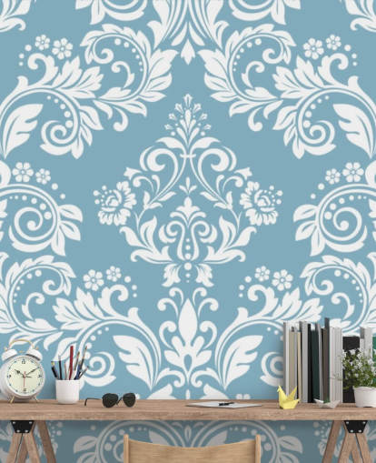Tapeten-Wandbild mit blauem Muster namens Light Blue Damask für Schlafzimmer, Wohnzimmer und Badezimmer