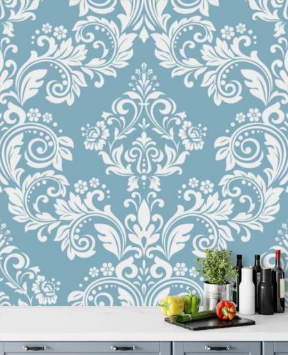 mural de papel pintado con estampado azul claro llamado Light Blue Damask para dormitorios, salas de estar y baños