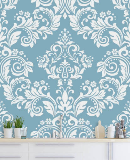 carta da parati murale con motivo blu chiamato Light Blue Damask per camere da letto, salotti e bagni