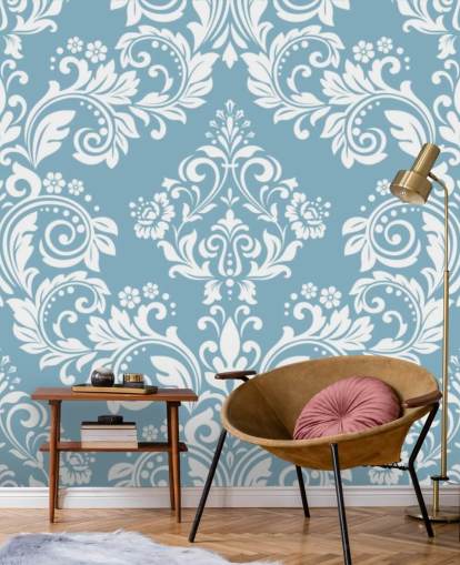 papier peint mural à motif bleu appelé Light Blue Damask pour les chambres, les salons et les salles de bain