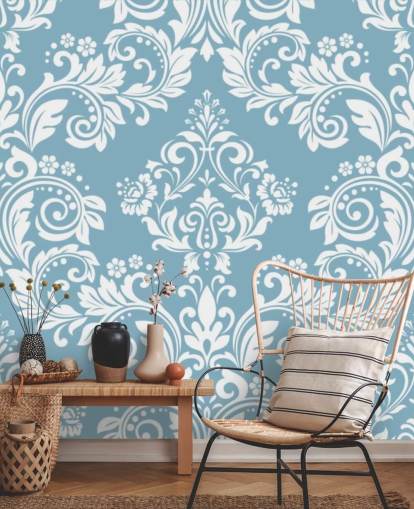 blått mönster tapet väggmålning kallad Light Blue Damask för sovrum, vardagsrum och badrum