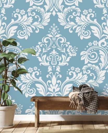 mural de papel pintado con estampado azul claro llamado Light Blue Damask para dormitorios, salas de estar y baños mural de papel pintado con estampado azul claro llamado Light Blue Damask para dormitorios, salas de estar y baños