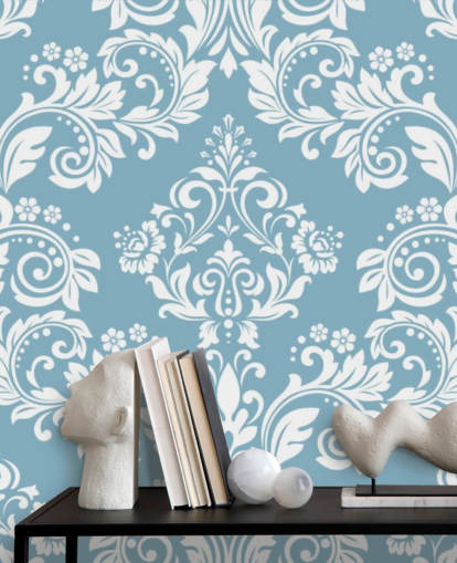 carta da parati murale con motivo blu chiamato Light Blue Damask per camere da letto, salotti e bagni