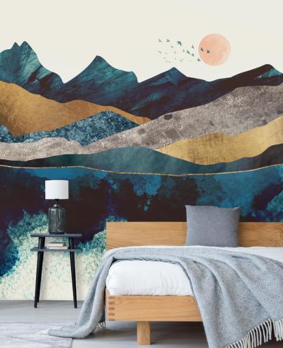 carta da parati vista montagna effetto texture blu navy e oro