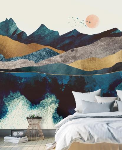 navy blue and gold texture-effect mountain view wallpaper