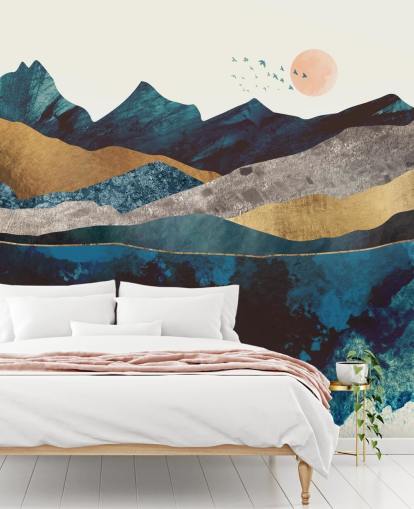 papel pintado con textura azul marino y dorado con vistas a la montaña papel pintado con textura azul marino y dorado con vistas a la montaña