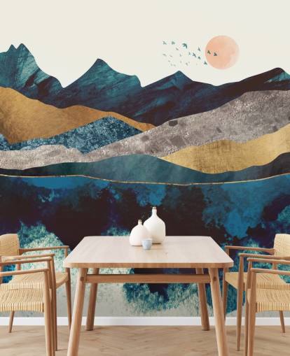 navy blue and gold texture-effect mountain view wallpaper