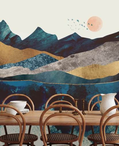 Papel de parede com vista para a montanha com efeito de textura azul marinho e dourado