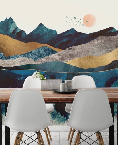 marineblauw en goud texture-effect bergzicht behang marineblauw en goud texture-effect bergzicht behang