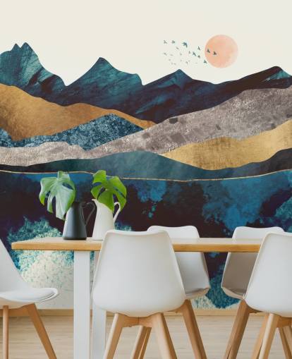 carta da parati vista montagna effetto texture blu navy e oro