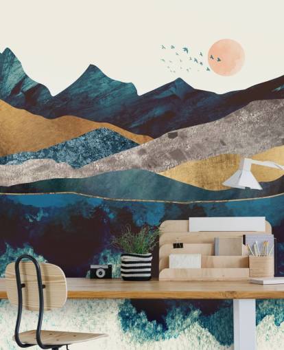 navy blue and gold texture-effect mountain view wallpaper