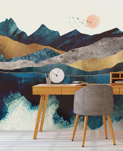 Marineblau und Gold Textur-Effekt Mountain View Tapete
