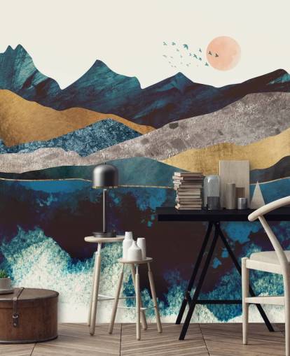Marineblau und Gold Textur-Effekt Mountain View Tapete